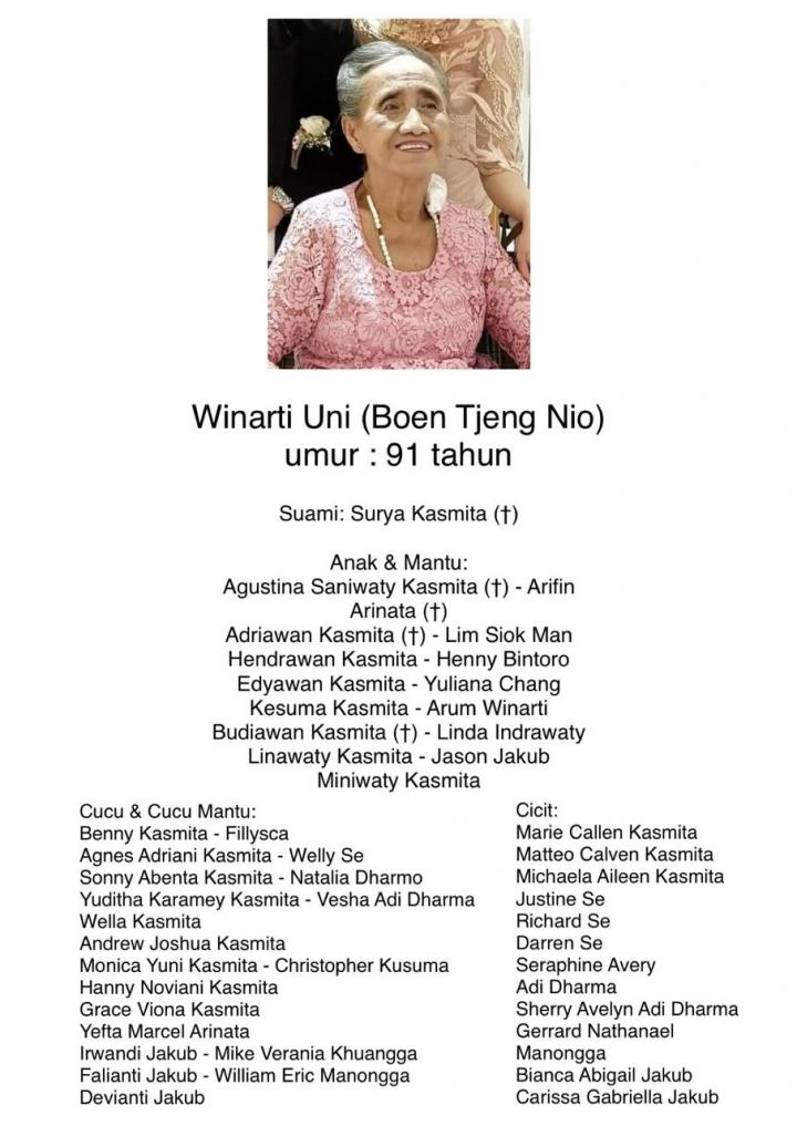 Berita Duka Cita: Ibu Winarti Uni, Tutup Usia